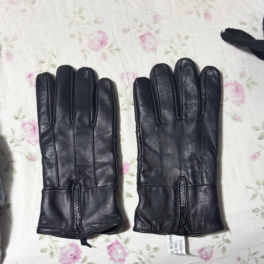Black Leather Winter Gloves – Warm Lined – Size Large – Zipper Cuff